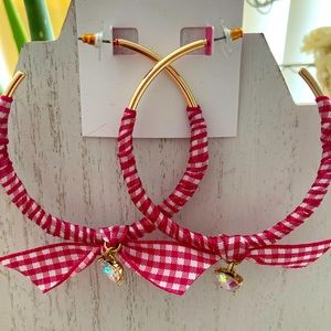 Betsey Johnson Gold Tone Summer Picnic Hoop Earrings With Gingham Wrapping NWT